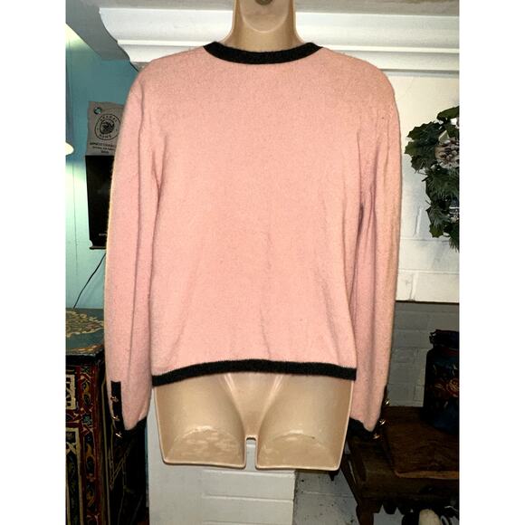 VINTAGE NEIMAN MARCUS PINK BLACK BORDERED CASHMERE CARDIGAN SWEATER L - Picture 3 of 7